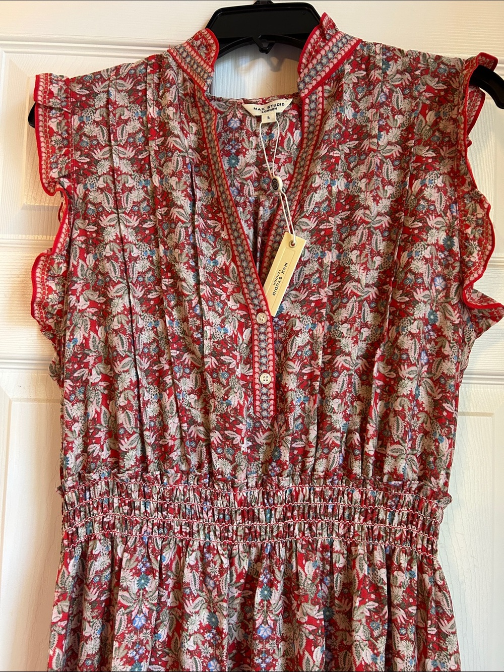 Max Studio Red Floral Smocked-Waist Cap-Sleeve Maxi Dress- L